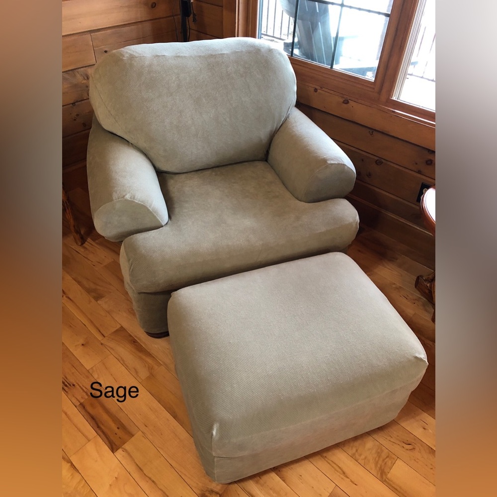 SURE FIT Sage Green Stretch Pique Chair (T-Cushion) and Ottoman Slipcovers NWOT - Picture 7 of 15